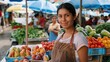 A latín woman in a farmers market holding a tablet