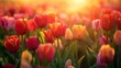 Sunset bathes a field of red and yellow tulips in a warm glow, highlighting the beauty of these springtime flowers.