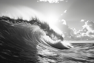 Wall Mural - The crystal-clear barrel of a wave captured from inside, with a sunny blue sky above and sparkling water all around.