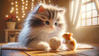 Delightful display of a fluffy kitten and tiny hamster playing with a yarn ball in a cozy setting, highlighting their bond of friendship.