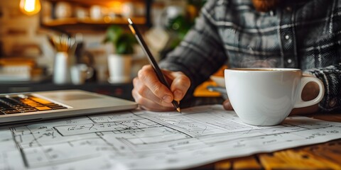 Poster - Architect Sketching Plans Over a Cup of Strong Coffee the Fuel Behind Creativity and Design Copy Space