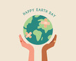 Happy earth day.Different race hands holding globe with band aid. Earth day concept.Modern colorful vector illustration cartoon