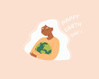 African woman holding globe, Earth like a baby. Happy Earth day. Save the environment. Climate change.Our planet. Modern vector illustration cartoon flat style