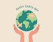 Happy earth day. Woman hands holding globe, earth with band aid. Earth day concept.Modern cartoon flat style illustration