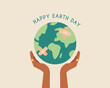 Happy earth day. African hands holding globe, earth with band aid. Earth day concept.Modern cartoon flat style illustration