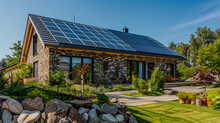 A Newly Built Single-family House With A Garden And Photovoltaic Panels On The Roof. Nowo Wybudowany Dom Jednorodzinny Z Ogrodem I Panelami Fotowoltaicznymi Na Dachu