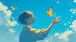 Borboleta amarela voando no céu azul - Ilustração