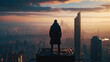 A silhouette of man standing on top of a skyscraper platform. Dystopian futuristic cityscape cyberpunk megapolis illustration. Scenic retrofuturism city sunrise horizon view.