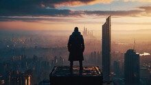A Silhouette Of Man Standing On Top Of A Skyscraper Platform. Dystopian Futuristic Cityscape Cyberpunk Megapolis Illustration. Scenic Retrofuturism City Sunrise Horizon View.