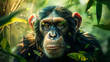 The figure of a monkey standing in the jungle between the leaves close-up. Postać małpy stojącej w dżungli pomiędzy liścmi z bliska. 