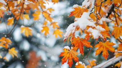 Poster - Tree with snow and orange leaves