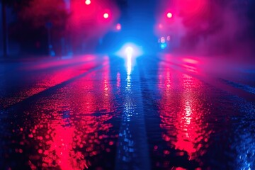 Wall Mural - Wet asphalt, reflection of neon lights, a searchlight, smoke. Smoke, smog. Dark background scene of empty street, night view, night city. Neon red and blue light.