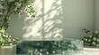 Green marble square podium mockup, white marble wall and spring flower garden, light and shadow, 3D render