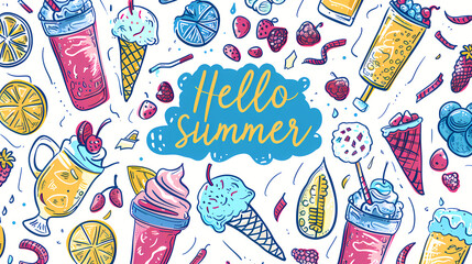 Wall Mural - Pop colors Summer banner in doodle style design