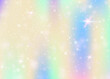 Hologram background with rainbow mesh. Kawaii universe banner in princess colors. Fantasy gradient backdrop. Hologram magic background with fairy sparkles, stars and blurs.