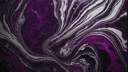  Fluid painting with a backdrop of royal purple marble, featuring swirling magenta petals and shimmering silver lines.