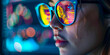 Futuristic Woman with Reflective Sunglasses Staring at Digital Data Screens
