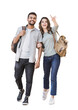 Beautiful happy couple full length portrait isolated transparent PNG. Young joyful smiling woman and man walking isolated transparency. Love, travel, tourism, students concept