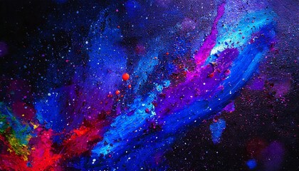 Wall Mural - A dark background with splashes of neon blue and purple oil paints, resembling a cosmic scene, with the thick texture of the paint creating the illusion of stars and galaxies