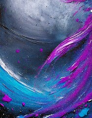 Wall Mural - A dark background with splashes of neon blue and purple oil paints, resembling a cosmic scene, with the thick texture of the paint creating the illusion of stars and galaxies