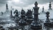 Chess like formations on forgotten battlefield, strategic warfare, distant view, poetic, black and gray, retro, non realistic, slightly blurry yet sharpened