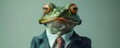 Anthropomorphic frog dressed in a whimsical business suit and tie