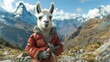 Cute fluffy llama in puffer jacket, Peruvian landscape backdrop, holding potato roots, 2D illustration