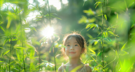 Wall Mural - happy asian child girl among bamboo stems, children and nature