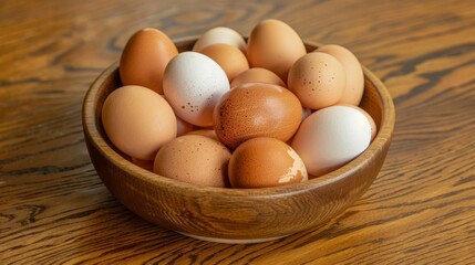 Poster - Bowl of eggs on wooden surface