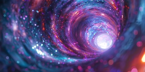 Poster - Captivating Depiction of a Wormhole Passage Through the Cosmic Realm Featuring Vibrant Particles Illustrating the Theoretical Transition Through