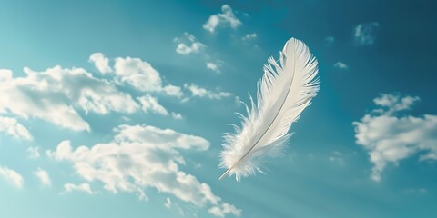 Poster - A Solitary White Feather Floating Peacefully Against a Tranquil Blue Sky Embodying Serenity and Purity