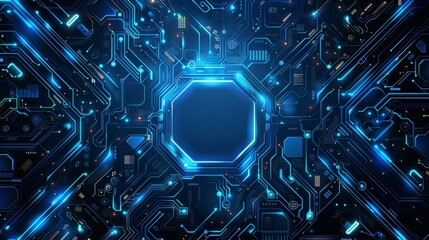 Poster - artificial intelligence With a blank center occupying 80 percent of the image, the dull dark blue color theme and low saturation exude sophistication Completing the look is a glowing pale blue circuit