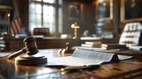 Fototapeta  - Legal documents and gavel on a desk, close up, justice and law, professional, authoritative atmosphere