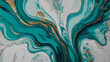 Liquid fluid painting in shades of teal and aquamarine, with cascading turquoise petals and delicate silver-gilt accents on a marbled background of pale seafoam green.