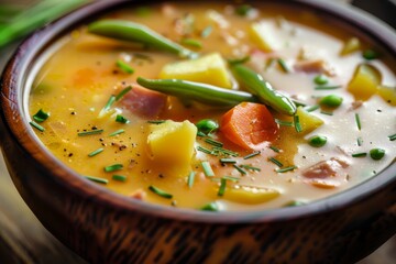 Wall Mural - A warm bowl of homemade vegetable soup with various vegetables and garnished with fresh herbs on a wooden surface. Homemade Vegetable Soup in Rustic Bowl