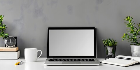 Poster - sleek laptop and open notebook on minimalist desk symbolizing blend of digital and analog productivi