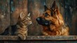 A cat and dog relaxing on wooden bench