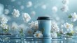 Blue cup, black lid, amidst white camellias, translucent petals, water and sky blend, light shadow play, tone mapping, ray tracing, professional product photography