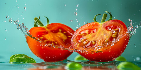 Wall Mural - Close-up of juicy tomato halves amid a splash of water droplets on a clean, teal background, highlighting freshness and natural appeal
