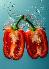 Wall Mural - Red bell peppers sliced in half, with water spraying around them, against a dark moody background, emphasizing freshness and vitality