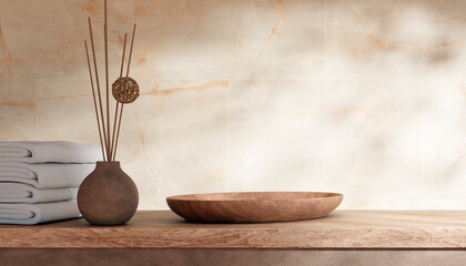 Poster - Empty bathroom counter top with beige granite walls and sunlight. Home interior background for product placement mockup. Neutral aesthetic podium stage showroom.