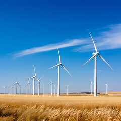 Poster - A cluster of wind turbines against a blue sky.