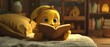 Banana character reading a book, cozy nook, soft lighting, engrossed look
