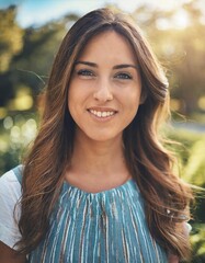 Face, smile and portrait of a woman happy in a park in summer for beauty, excited and confident in nature