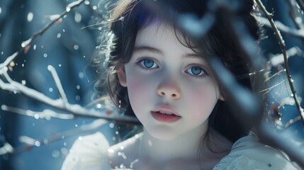 Poster - Young girl blue eyes snowy forest