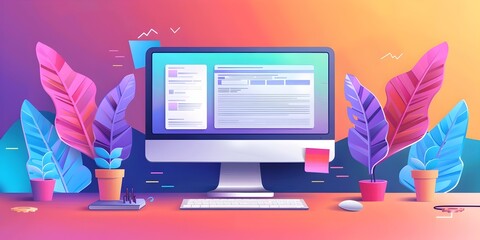 Poster - computer workstation with technical support resources and greenery accents
