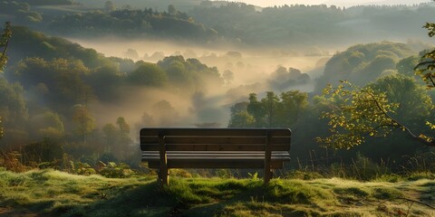 Wall Mural - a secluded wooden bench overlooking a misty valley where the morning sun slowly illuminates the lush