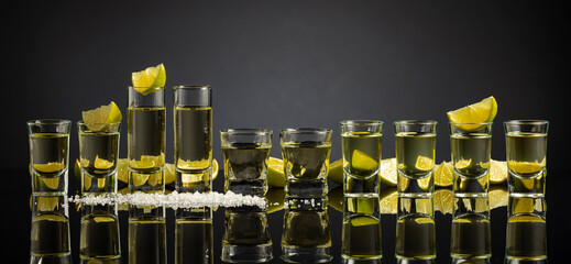 Wall Mural - Tequila shots with lime slices and salt on a black reflective background.