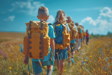 Joyful children with backpacks on a school field trip, vibrant childhood lifestyle captured in 8K, happiness and camaraderie , 8K , high-resolution, ultra HD,up32K HD