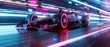Futuristic racer on neon-lit track, dynamic angle, speed blur, 3D graphics